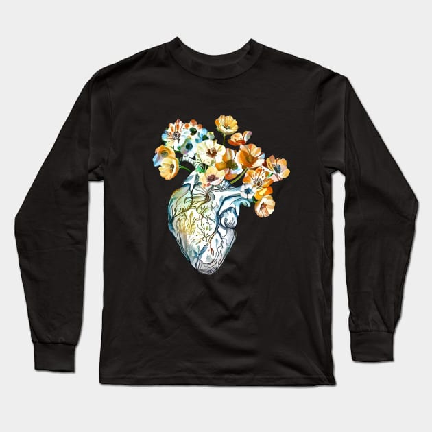 Human heart, watercolor wild flowers, floral, plant lovers, Heart, anatomical heart Long Sleeve T-Shirt by Collagedream